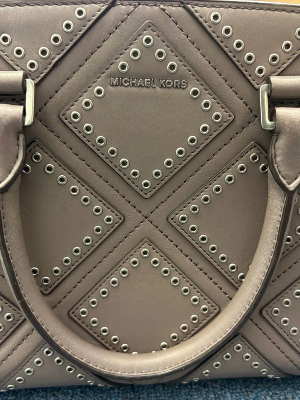 Michael Kors Taupe Gray Diamond-Quilted Studded Satchel - Picture 1 of 6